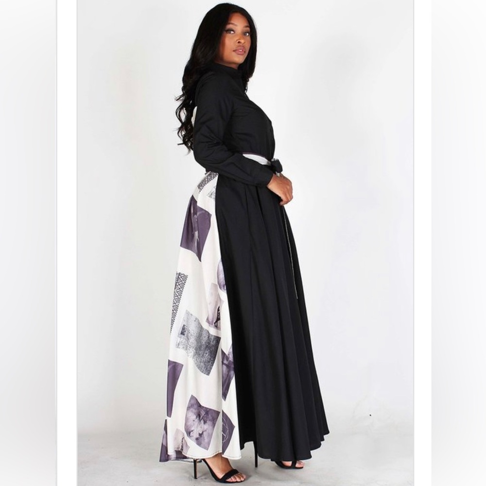 SOLID FRONT BACK PRINTED FABRIC COLLARED MAXI DRESS w/ WAIST BELT POCKETS